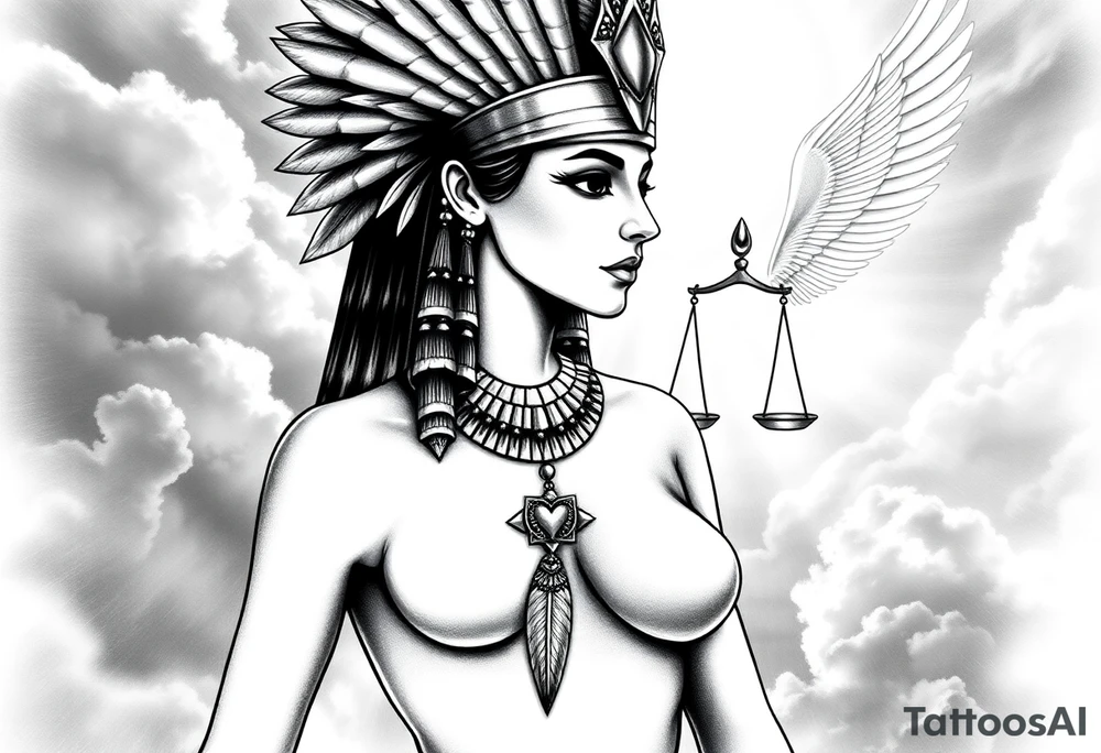Beautiful Egyptian goddess with a curvy body and breasts covered by a slim dress. She is wearing an ostrich feather headdress, and intricate ancient Egyptian jewelry the Anhk necklace. Background includes something similar to heaven. Incorporate the Scales of Justice—one side holding a heart, the other Ma’at’s feather—glowing with ethereal energy. Emphasize dramatic lighting, deep shadows, and surreal, mystical atmosphere tattoo idea