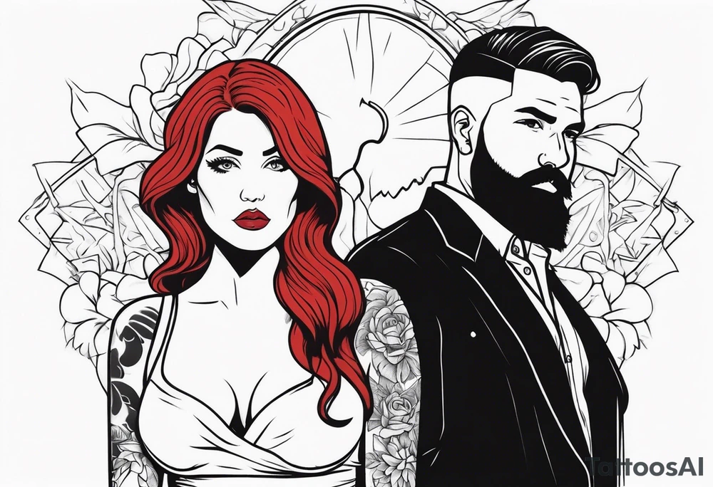 Busty Red haired woman with black haired bearded man tattoo idea