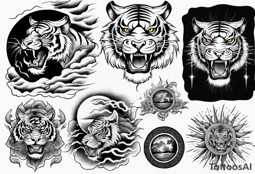 Tiger sleeve tattoo with lightning and the sun tattoo idea