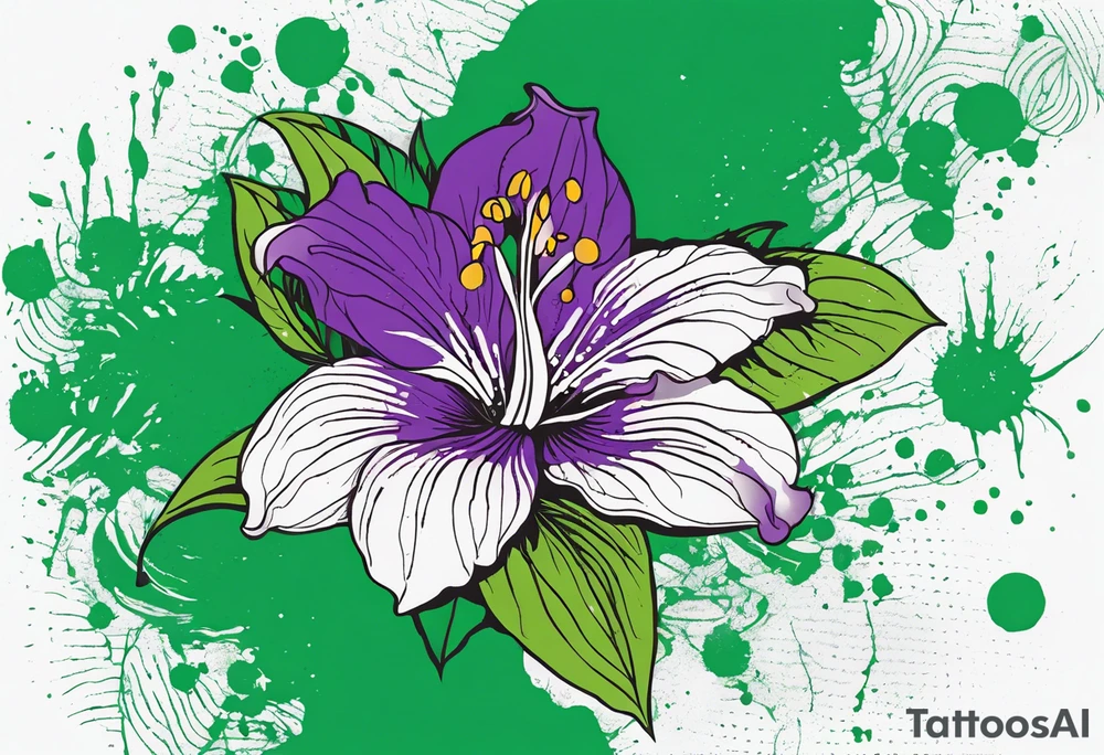An outline of a rio dipladenia flower with a splatter green and purple background tattoo idea