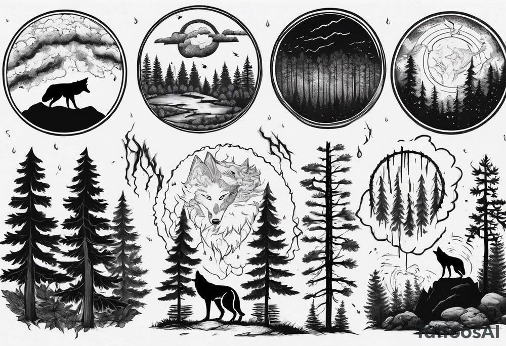 a thunder and lightning storm over a forest with a distant wolf howling and a drum circle tattoo idea a thunder and lightning storm over a forest with a distant wolf howling and a drum circle tattoo idea