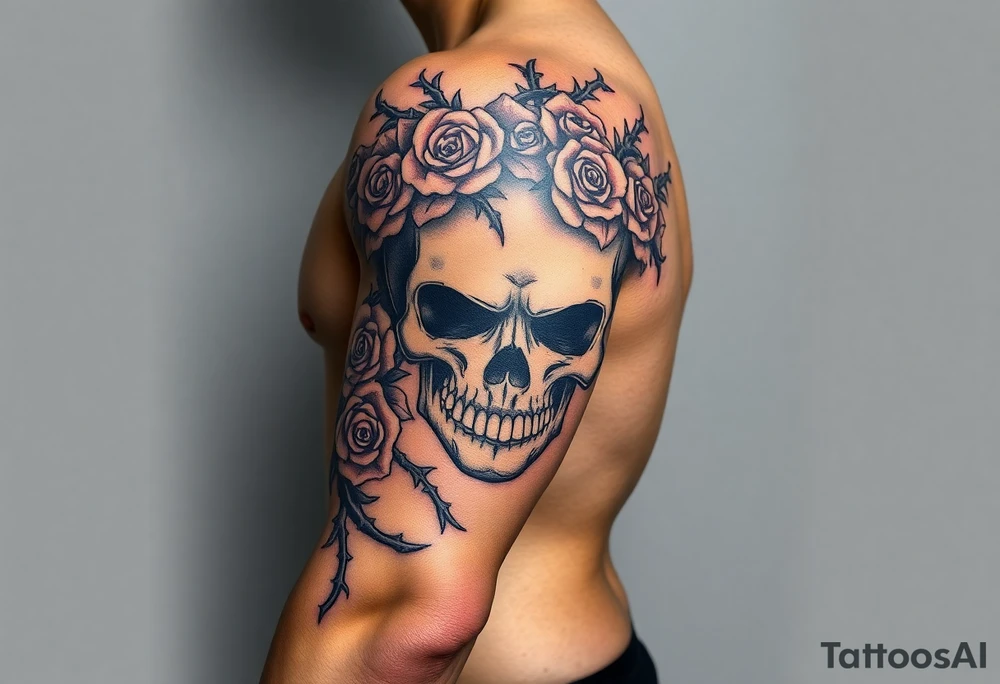 ornate skull adorned with crown of wild roses and thorns tattoo idea