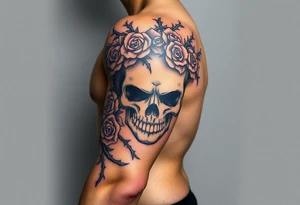 ornate skull adorned with crown of wild roses and thorns tattoo idea