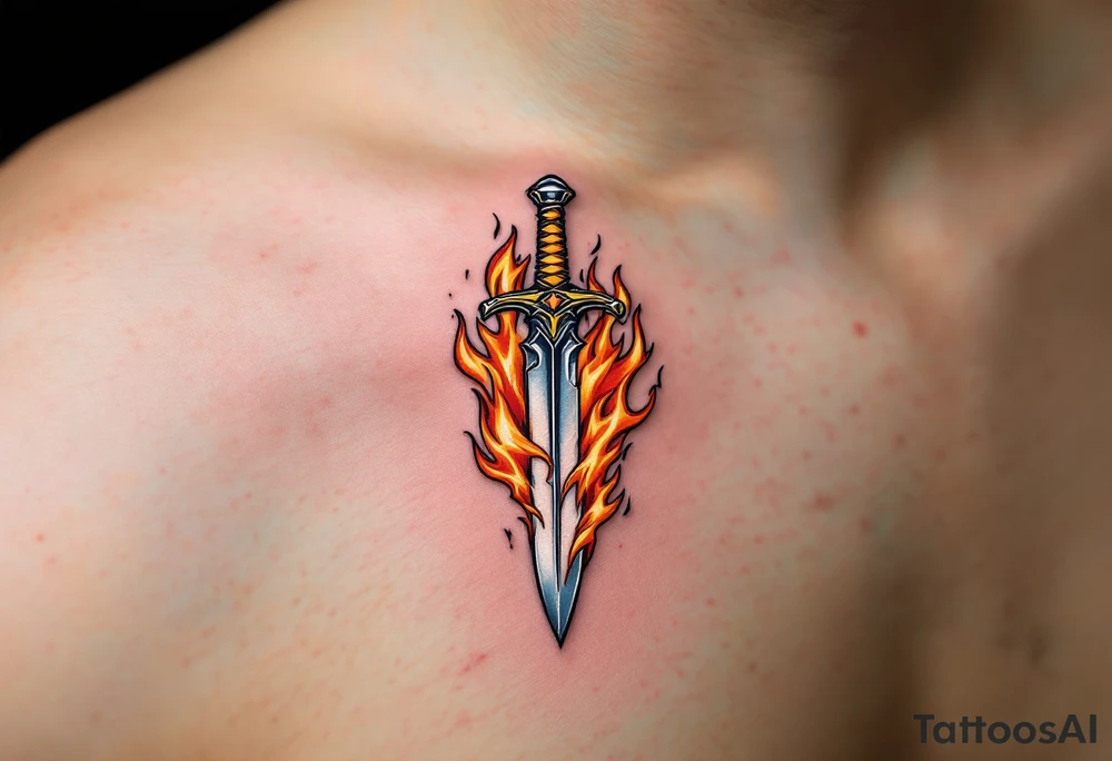 Dagger in Fire – A dagger engulfed in flames of orange, yellow, and red, with the blade in polished steel contrasting against the fiery background. The flames are vivid, wrapping around the dagger in a dynamic motion. tattoo idea