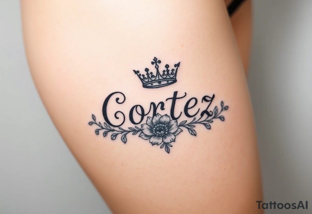 The name Cortez surrounded by floral design and a crown tattoo idea