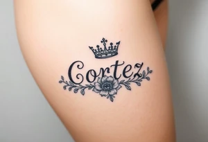The name Cortez surrounded by floral design and a crown tattoo idea
