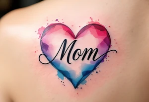 A watercolor heart in pink and blue with the word “Mom” scripted across it in elegant cursive. tattoo idea