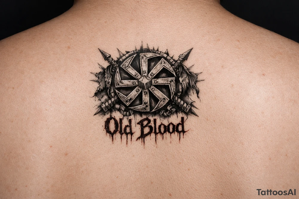 Old pagan Slavic kolovrat with Old Blood written in blood tattoo idea