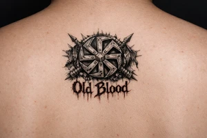 Old pagan Slavic kolovrat with Old Blood written in blood tattoo idea