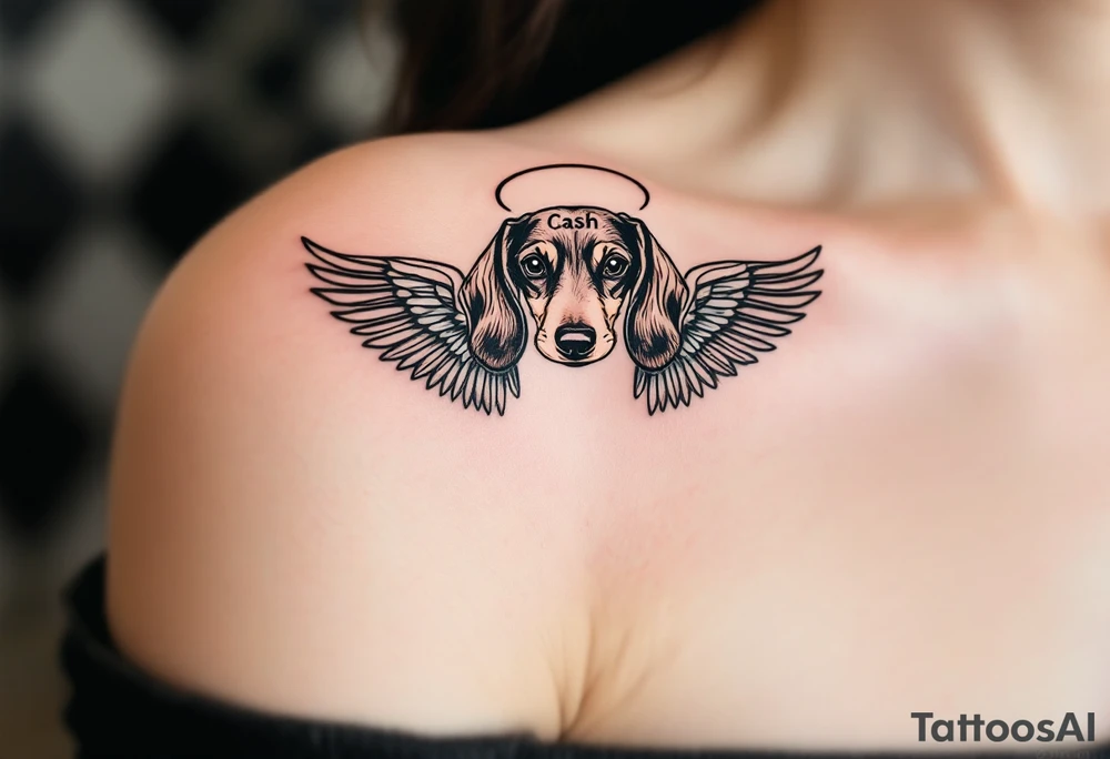 Dachshund ears between wings with a halo above and the name Cash tattoo idea