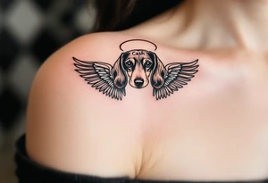 Dachshund ears between wings with a halo above and the name Cash tattoo idea