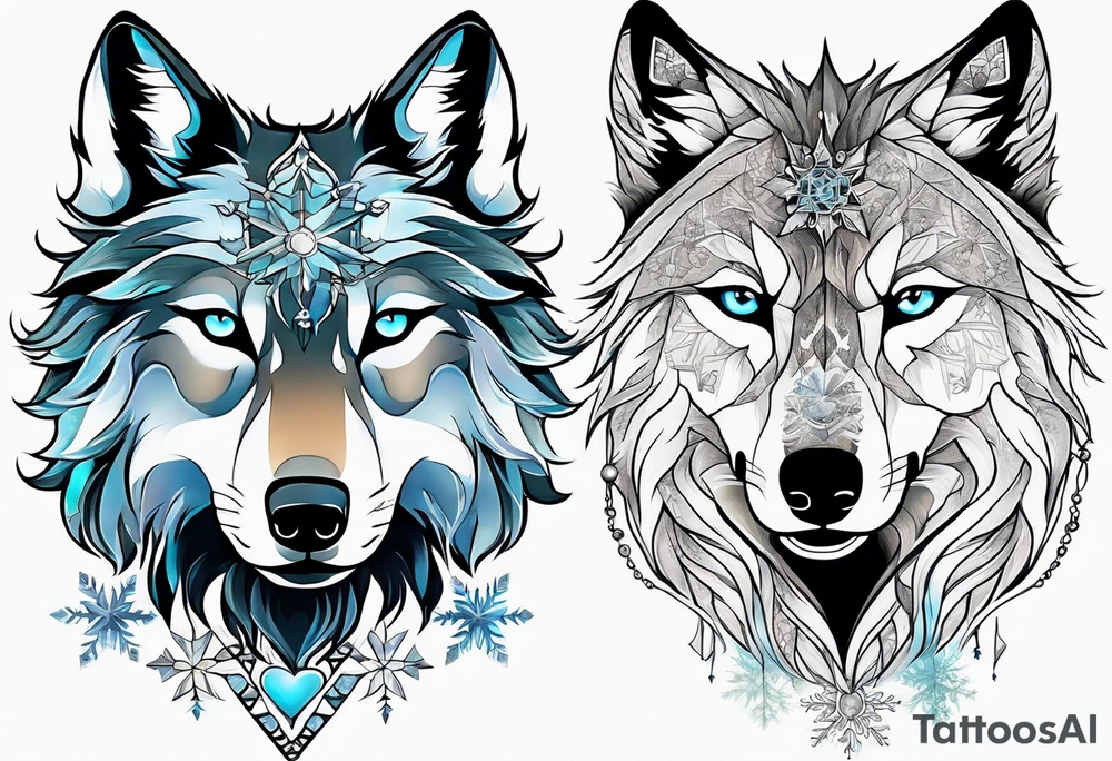 Constellation, two animal wolf, snowflake tattoo idea