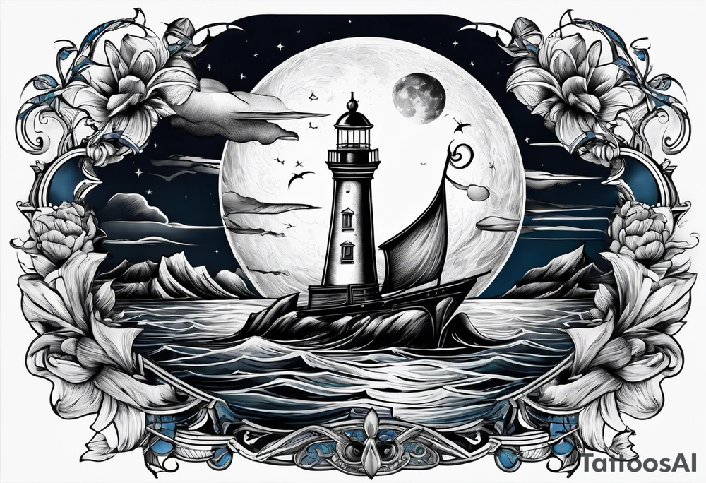 bateau, phare maritime et lune bleu tattoo idea