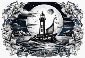 bateau, phare maritime et lune bleu tattoo idea