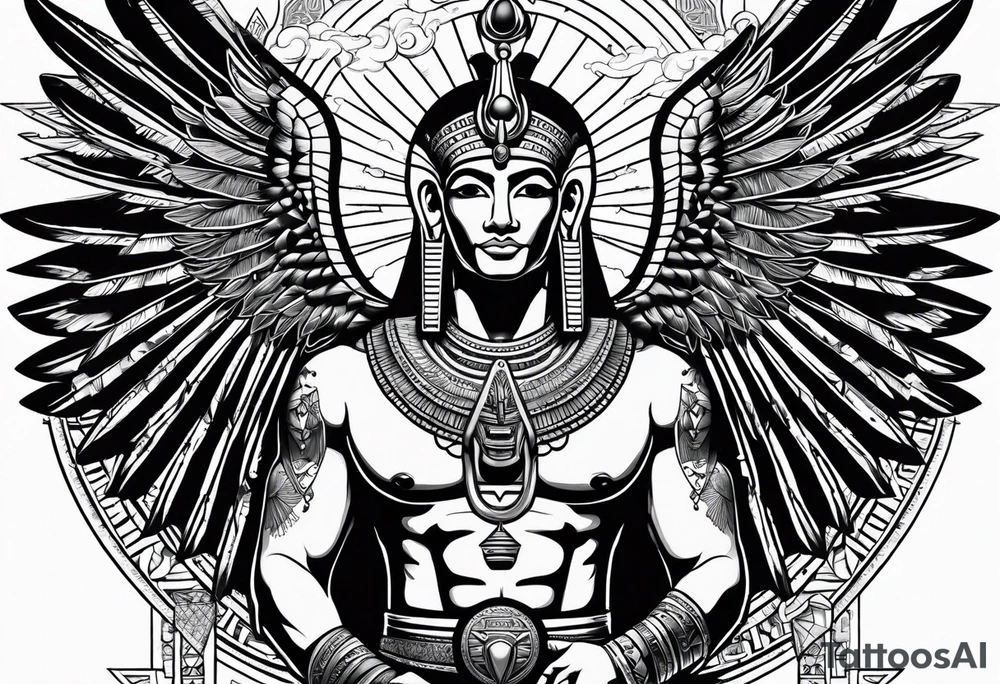 Egyptian god with wings overlooking the pyramids with a goddess face underneath tattoo idea