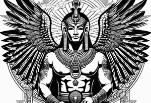 Egyptian god with wings overlooking the pyramids with a goddess face underneath tattoo idea