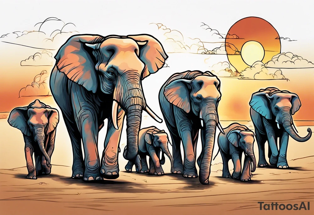 family of 6 elephants walking into sunset after one of them has died tattoo idea