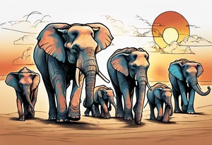 family of 6 elephants walking into sunset after one of them has died tattoo idea
