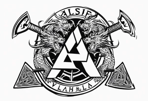 Valhalla sword shield dragon axe Valknut barbed wire 
 steps tattoo idea