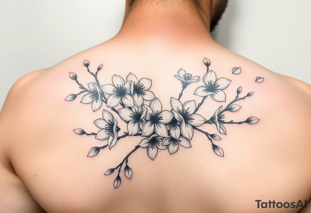 delicate cherry blossoms swirling in spring breeze with petals tattoo idea