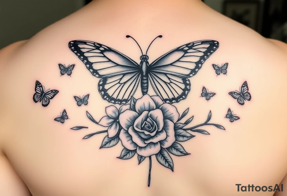 Medium  and small butterflys surrounding a the biggest butter fly then uber the biggest butterfly that's in the top center of tatto a womens nose mouth and have is formed but her eyes are covered by the lower part of the biggest butterfly in the center women long hair is flowing g down with more small and. Smaller batteries and a rose bush mixed with some Beautiful pink plumeria tattoo idea