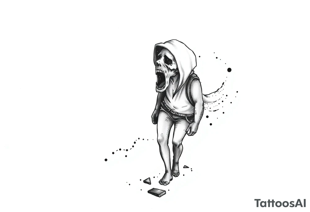 Confusion and pressure in thin lines on screaming solo traveler with no face with his skin ripped left on the path he passed tattoo idea