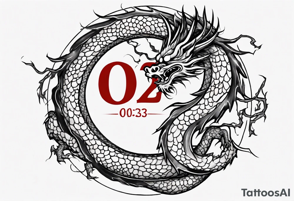 Chinese dragon in a circular shape with "02.03" written on it tattoo idea