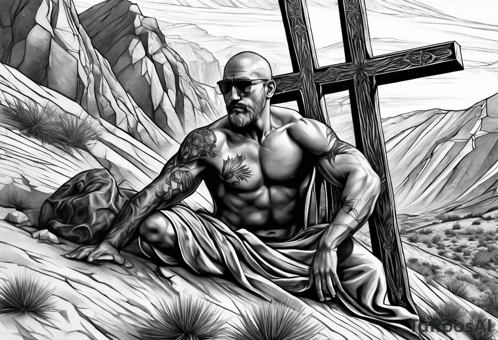 man crawling in a desert reaching to the cross of Christ tattoo idea