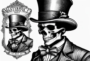 old time skeleton wearing a top hat holding a bible tattoo idea