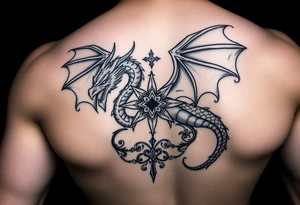 Masculine but beautiful and graceful dragon with a fancy celtic star and abstract filigree and knotwork tattoo idea