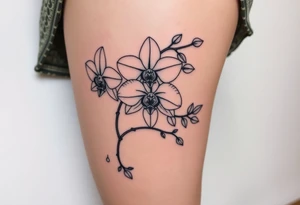 3 delicate fine line orchids realistic with a mix with vagina female and branching tattoo idea