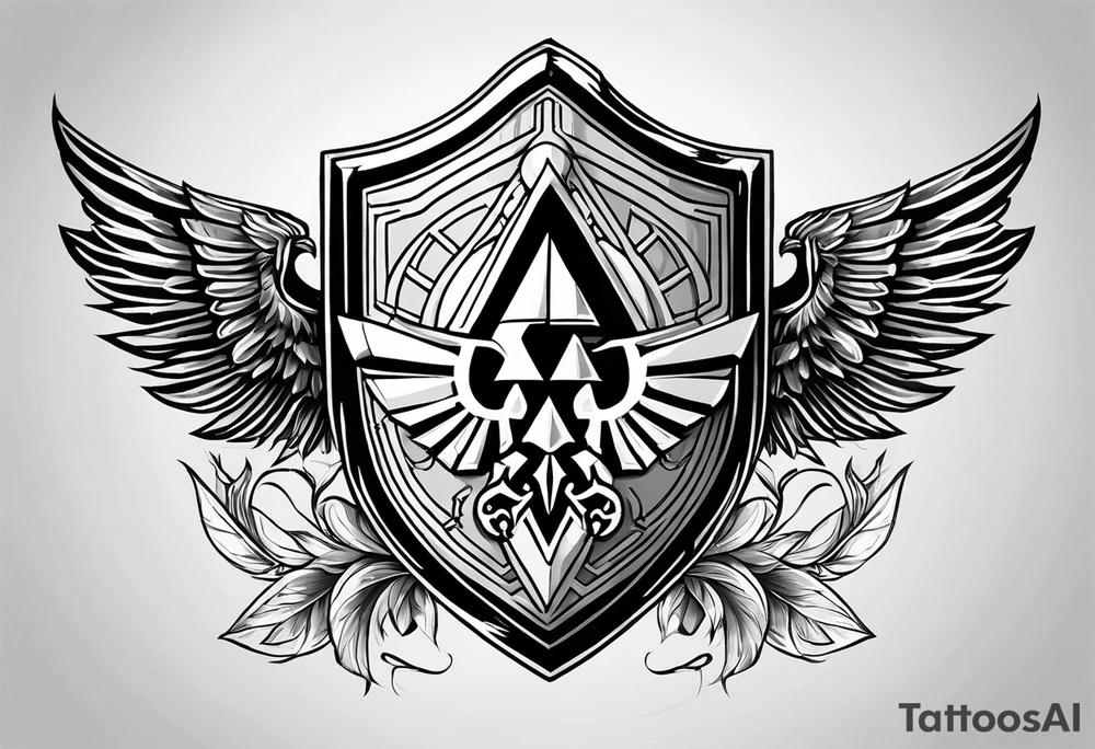 Hylian shield, replace the triforce with master chiefs helmet and the bird crest with the grey wardens logo tattoo idea