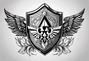 Hylian shield, replace the triforce with master chiefs helmet and the bird crest with the grey wardens logo tattoo idea