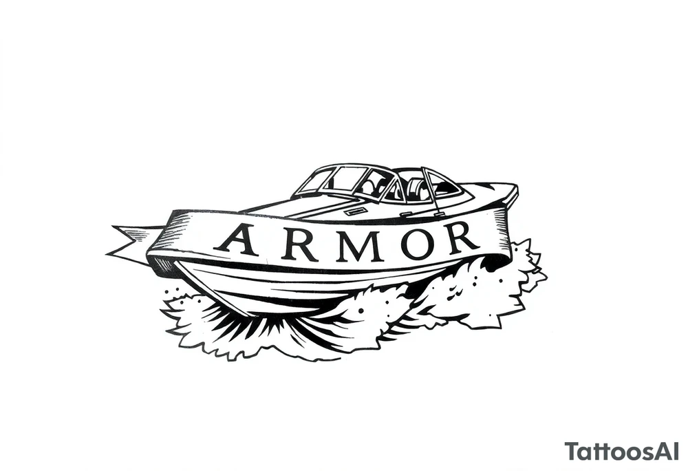 Traditional style tattoo, with a jet boat in the water, with a banner that says “ARMOR” in traditional lettering, add traditional aspects to this tattoo . tattoo idea