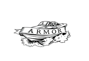 Traditional style tattoo, with a jet boat in the water, with a banner that says “ARMOR” in traditional lettering, add traditional aspects to this tattoo . tattoo idea