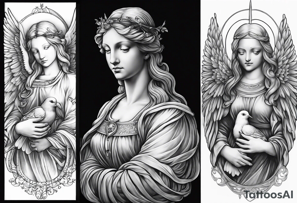 Angel with a Dove and Leonaro Da vinci Sleeve tattoo idea