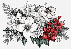 Hydrangea, Narcissus, Poinsettia, Holly, Gladiolus, Poppy, Daisy, Sweet Pea floral bouquet tattoo idea