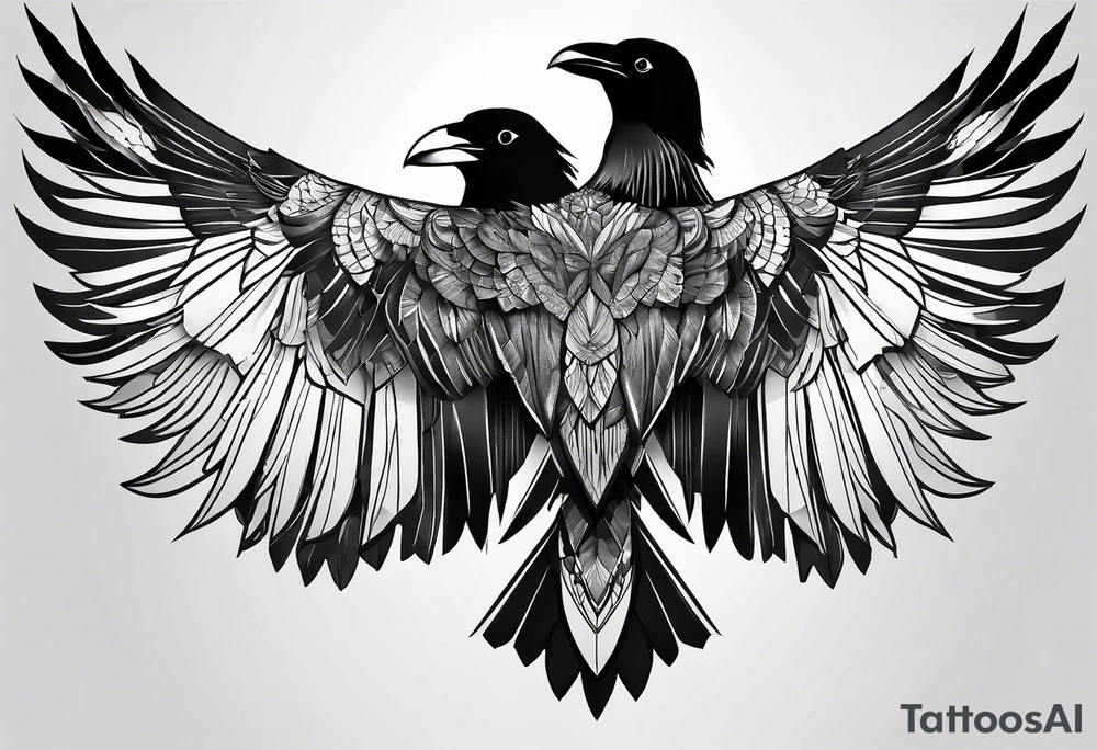 crow with open wings, only line drawing, geometric, symmetrical, without background, tattoo idea crow with open wings, only line drawing, geometric, symmetrical, without background, tattoo idea