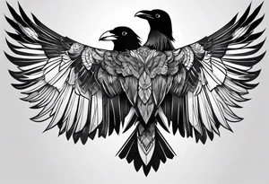 crow with open wings, only line drawing, geometric, symmetrical, without background, tattoo idea