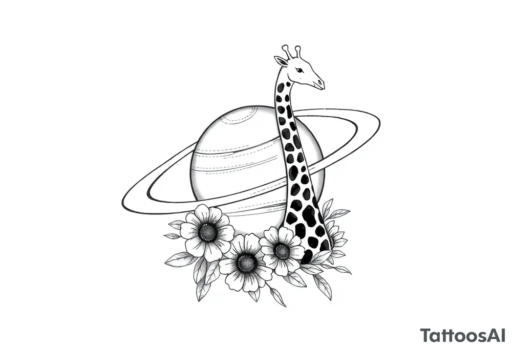 Saturn with a giraffe and marigold flowers tattoo idea