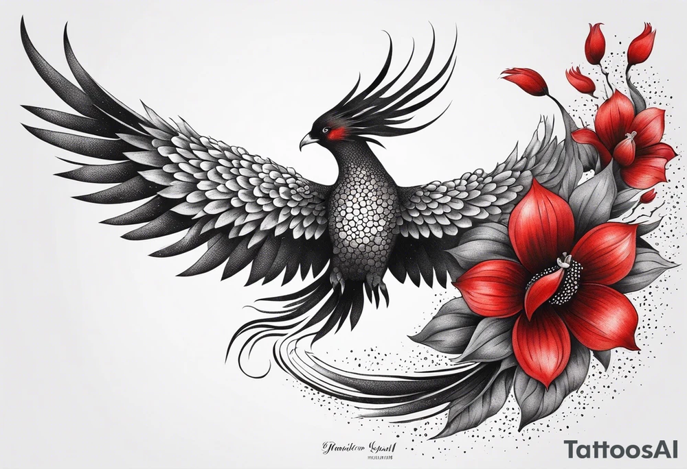 elongated phoenix in flight 
in profile long tail with claws holding red flowers falling tattoo idea