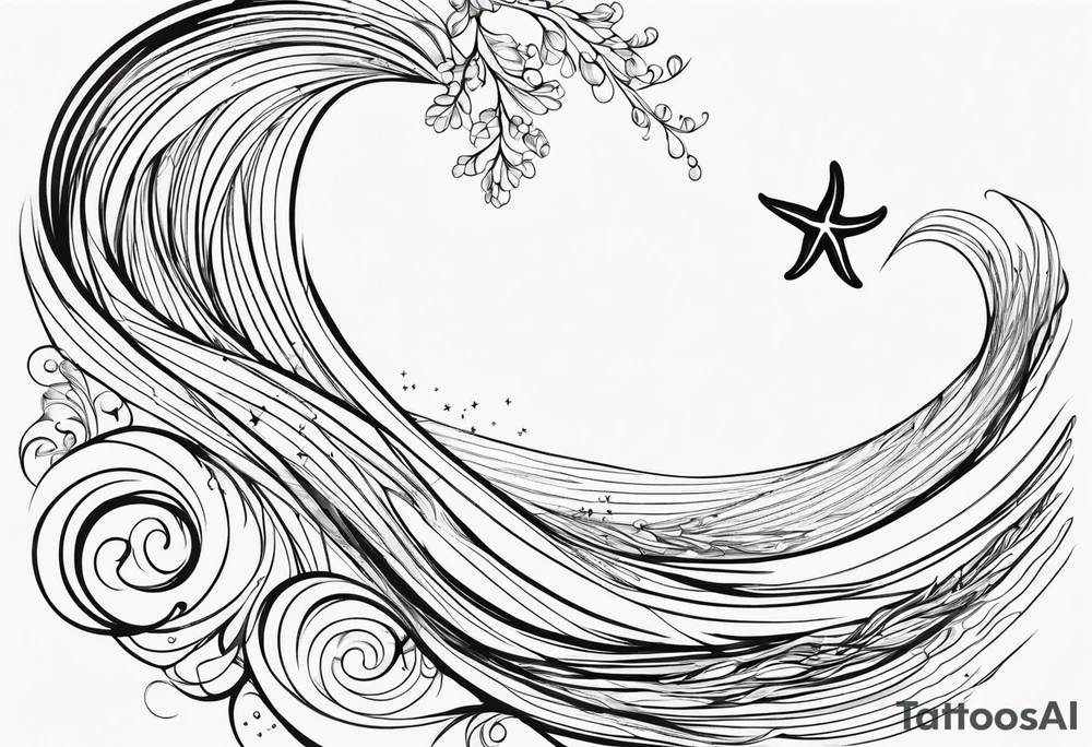 One single line Wave and starfish tattoo idea