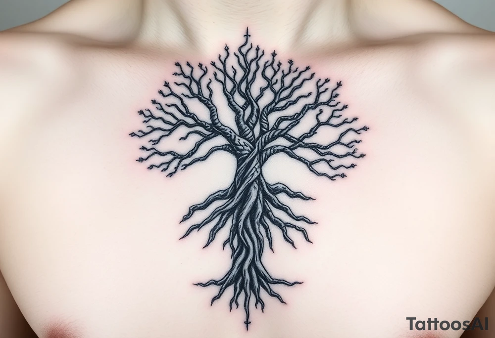 mystical tree of life with cosmic roots and celestial branches tattoo idea