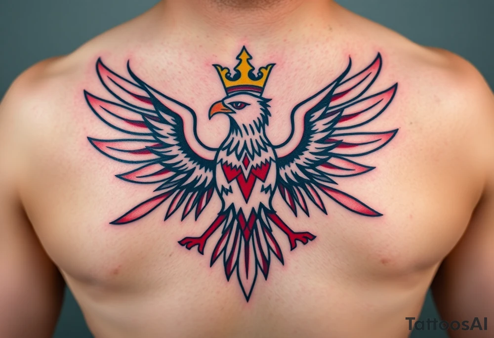 A majestic red and white Moravian eagle with golden crown on its head with intricate tribal patterns tattoo idea