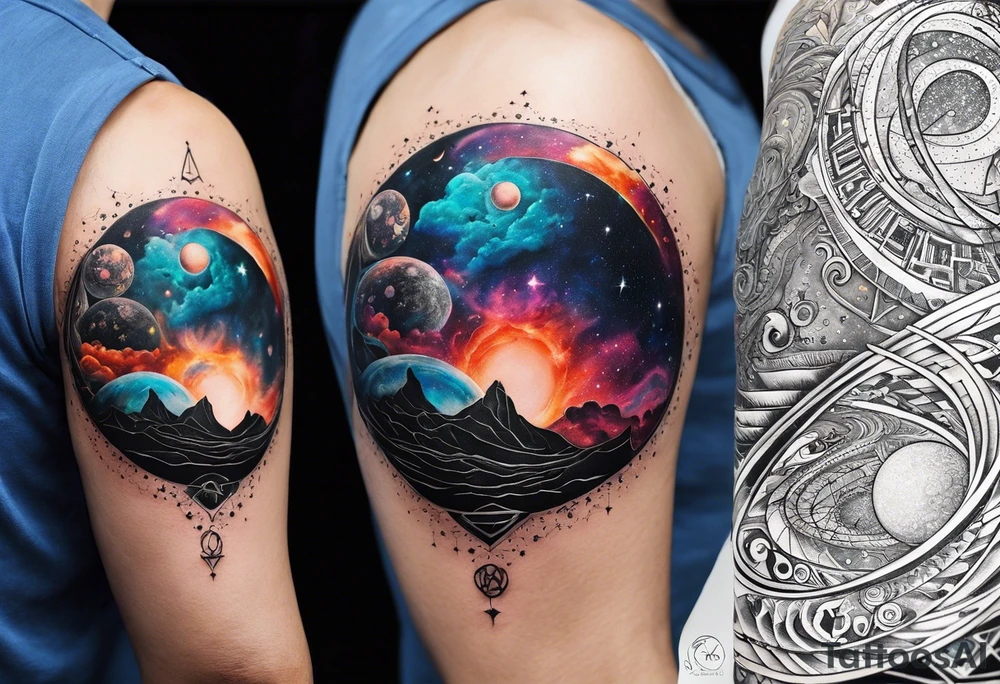 A tattoo featuring a cosmic scene with planets, black holes, and supernovae intertwined with intricate linguistic symbols, reflecting the client's interests in cosmology and linguistics. tattoo idea