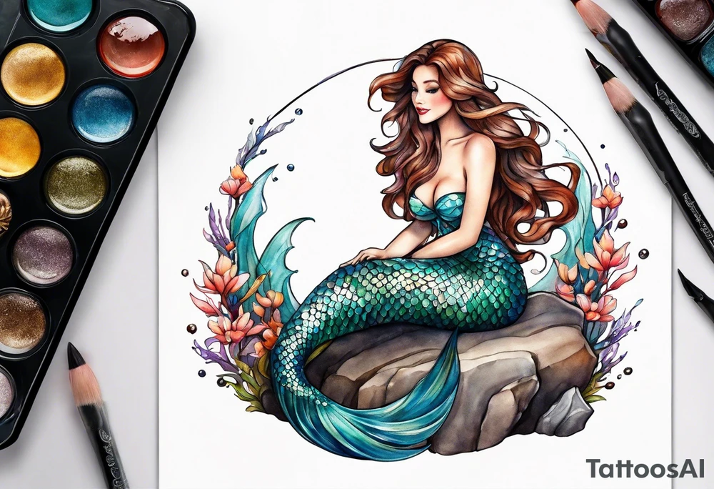 mermaid with brown hair, sitting on rock tattoo idea