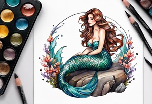 mermaid with brown hair, sitting on rock tattoo idea