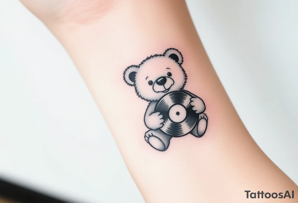 minimalist teddy bear smiling and holding a vinyl record tattoo idea