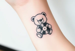 minimalist teddy bear smiling and holding a vinyl record tattoo idea