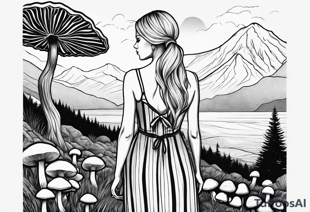 Straight blonde hair girl holding oyster mushrooms in hand facing away toward mountains surrounded by mushrooms black and white striped dress tattoo idea
